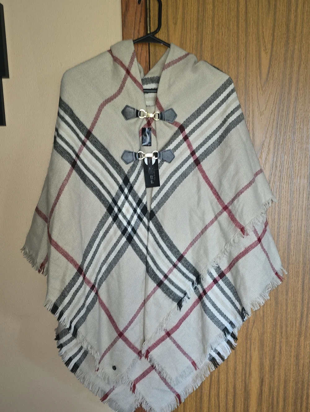 Fraas Plaid Hooded Poncho in Beige, Black and Burgundy - Picture 1 of 3